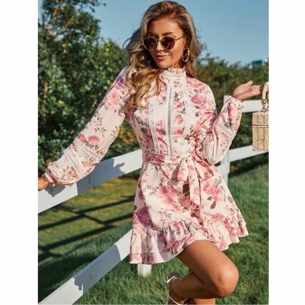 Pink rose floral dress with lace detail